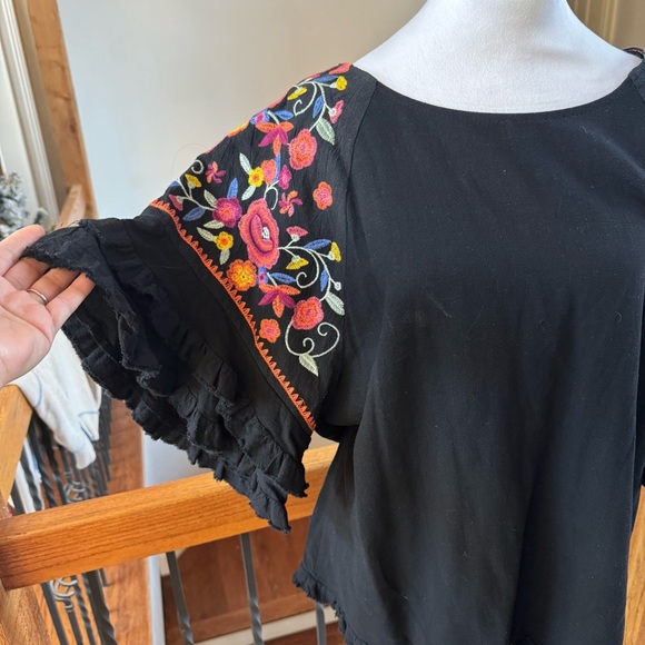 Umgee Black Top with Colorful Embroidered Sleeves - Picture 4 of 7